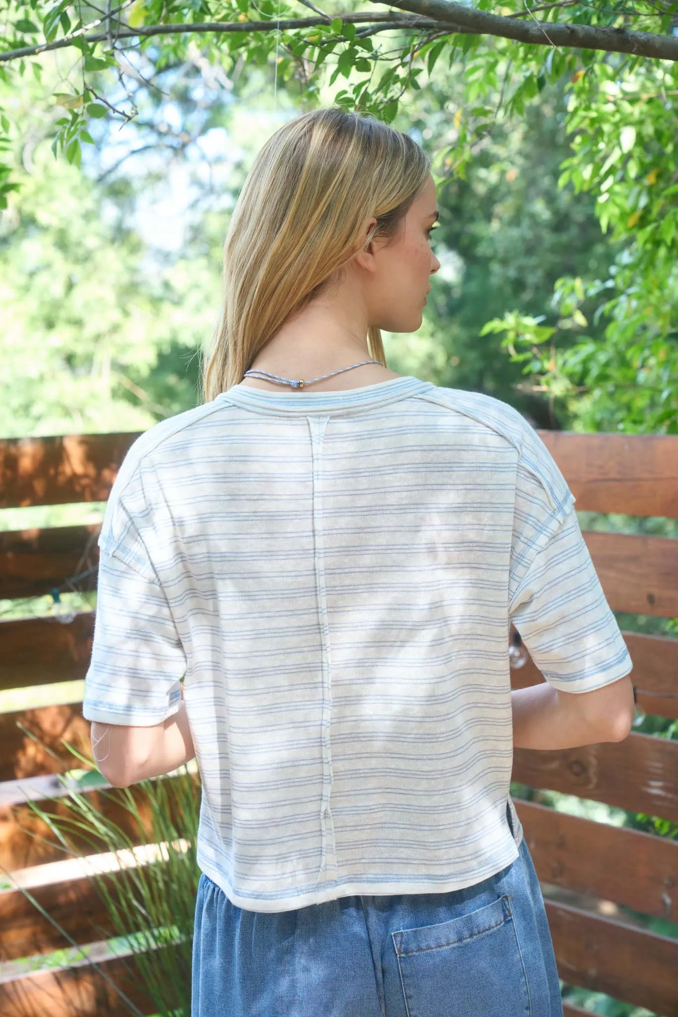 STRIPE EXPOSED SEAM HENLEY BOXY KNIT TOP (PRE-ORDER) sold by Blu Pepper product image thumbnail 5