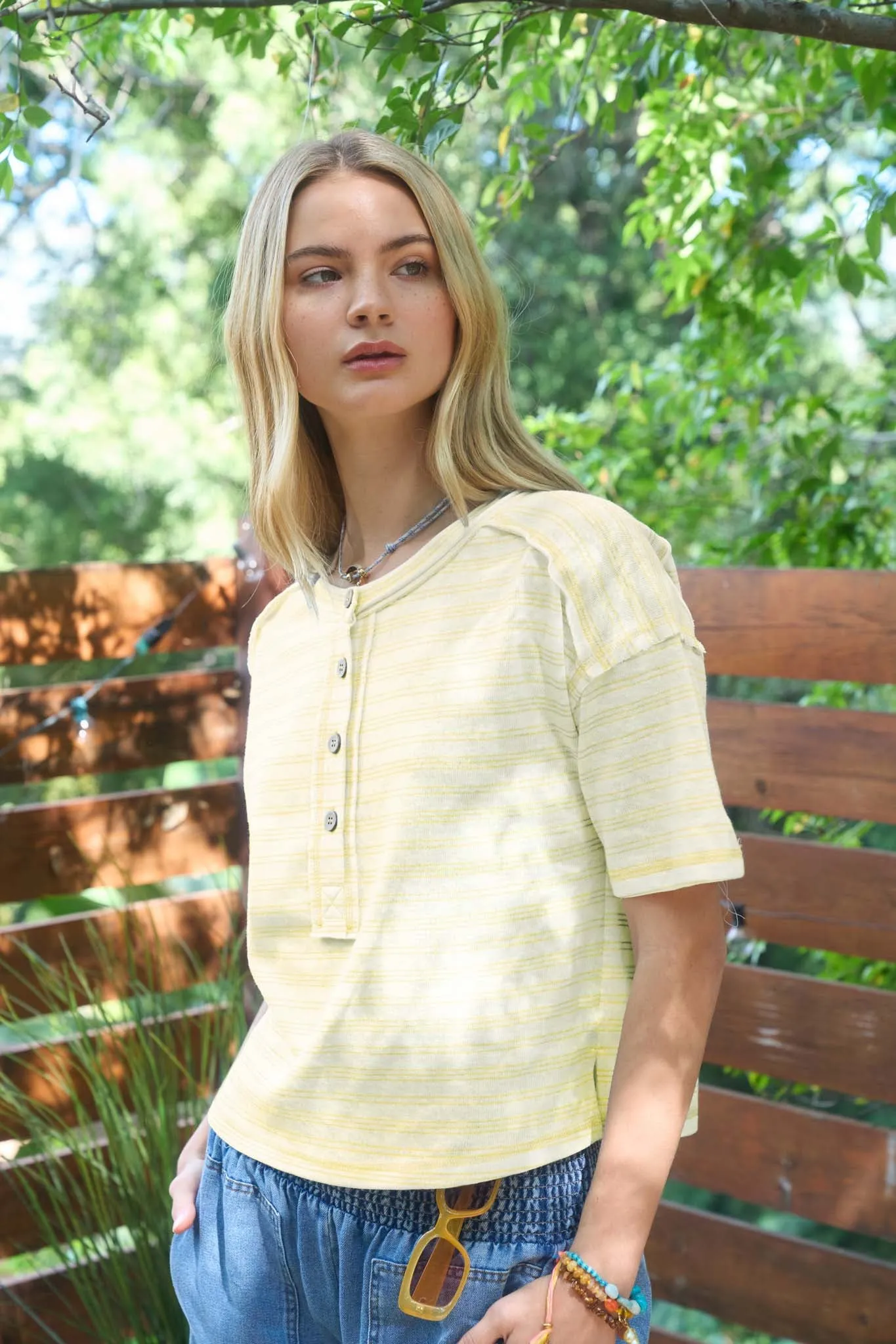 STRIPE EXPOSED SEAM HENLEY BOXY KNIT TOP (PRE-ORDER) sold by Blu Pepper product image thumbnail 2