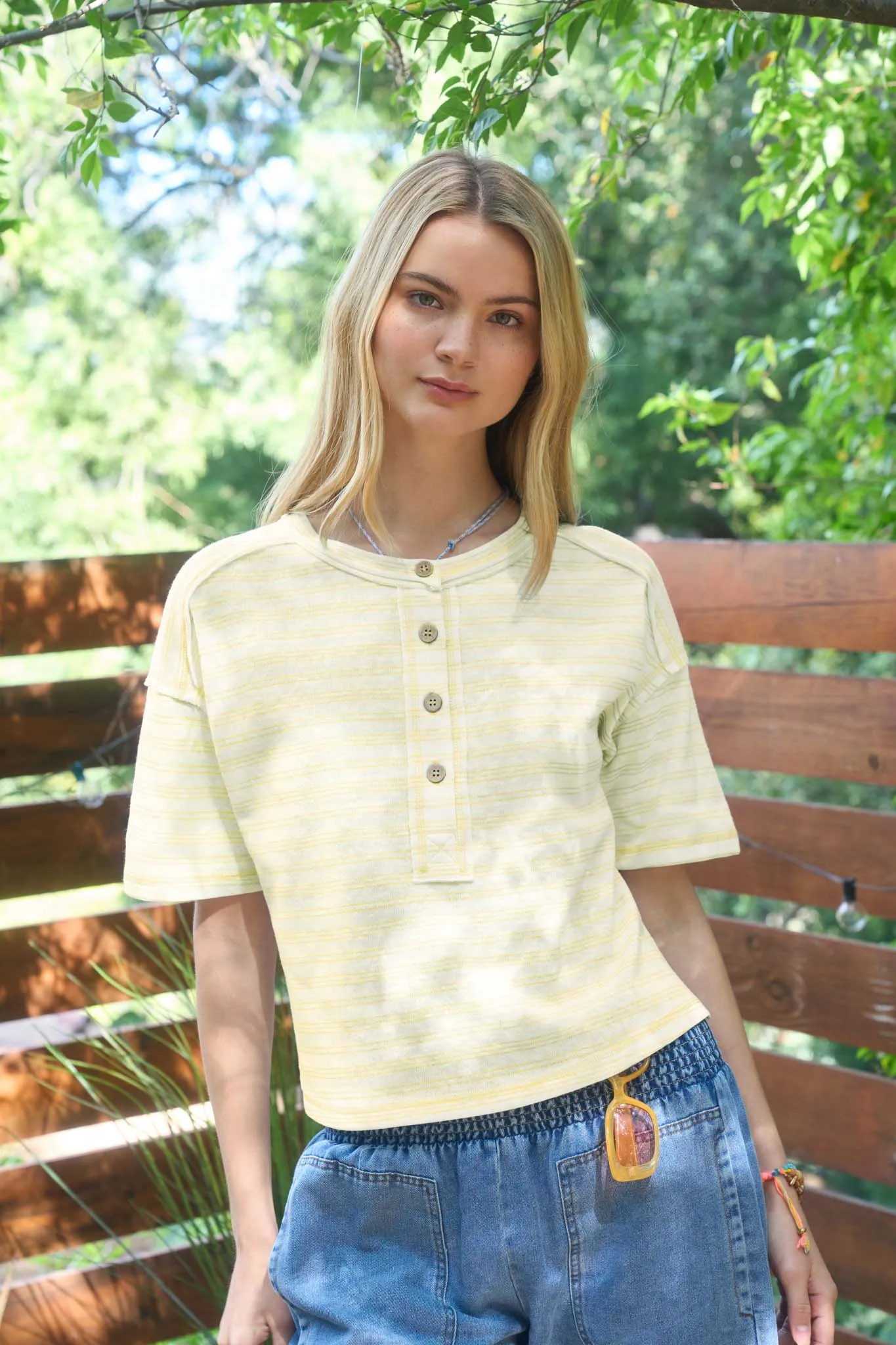 STRIPE EXPOSED SEAM HENLEY BOXY KNIT TOP (PRE-ORDER) sold by Blu Pepper product image thumbnail 3