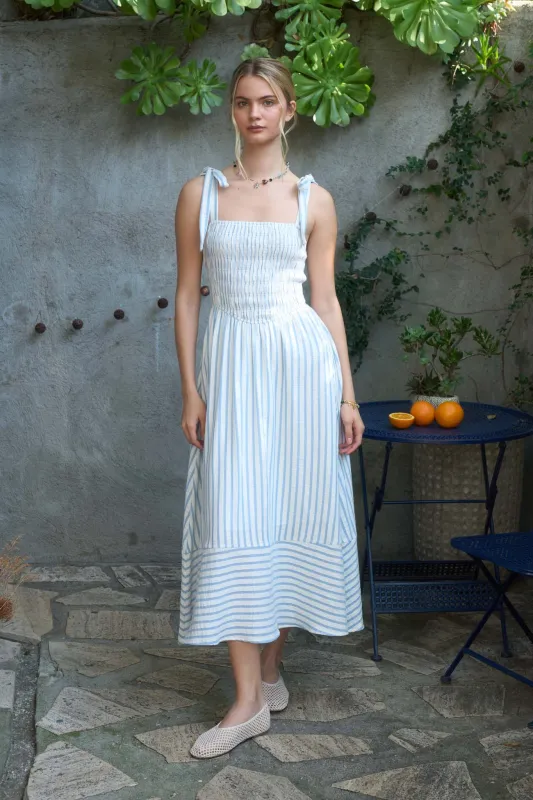 STRIPE SMOCKED TIE STRAP BASQUE WAIST MAXI DRESS (PRE-ORDER) made by Blu Pepper