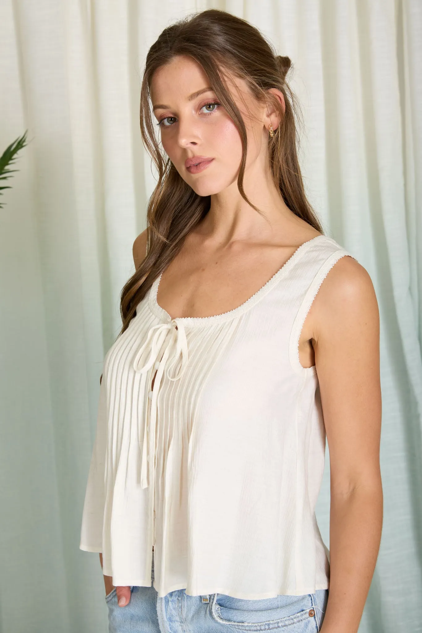 LACE TRIM FRONT TIE BUTTON DOWN SLEEVELESS TOP sold by Blu Pepper product image thumbnail 4