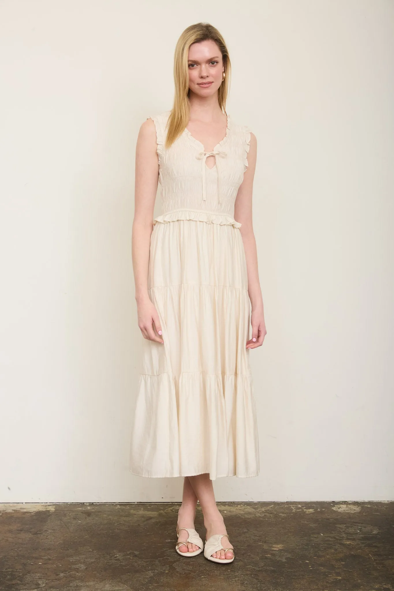 PLUS SMOCKED FRONT TIE RUFFLE DETAIL TIERED MIDI DRESS sold by Blu Pepper product image thumbnail 3