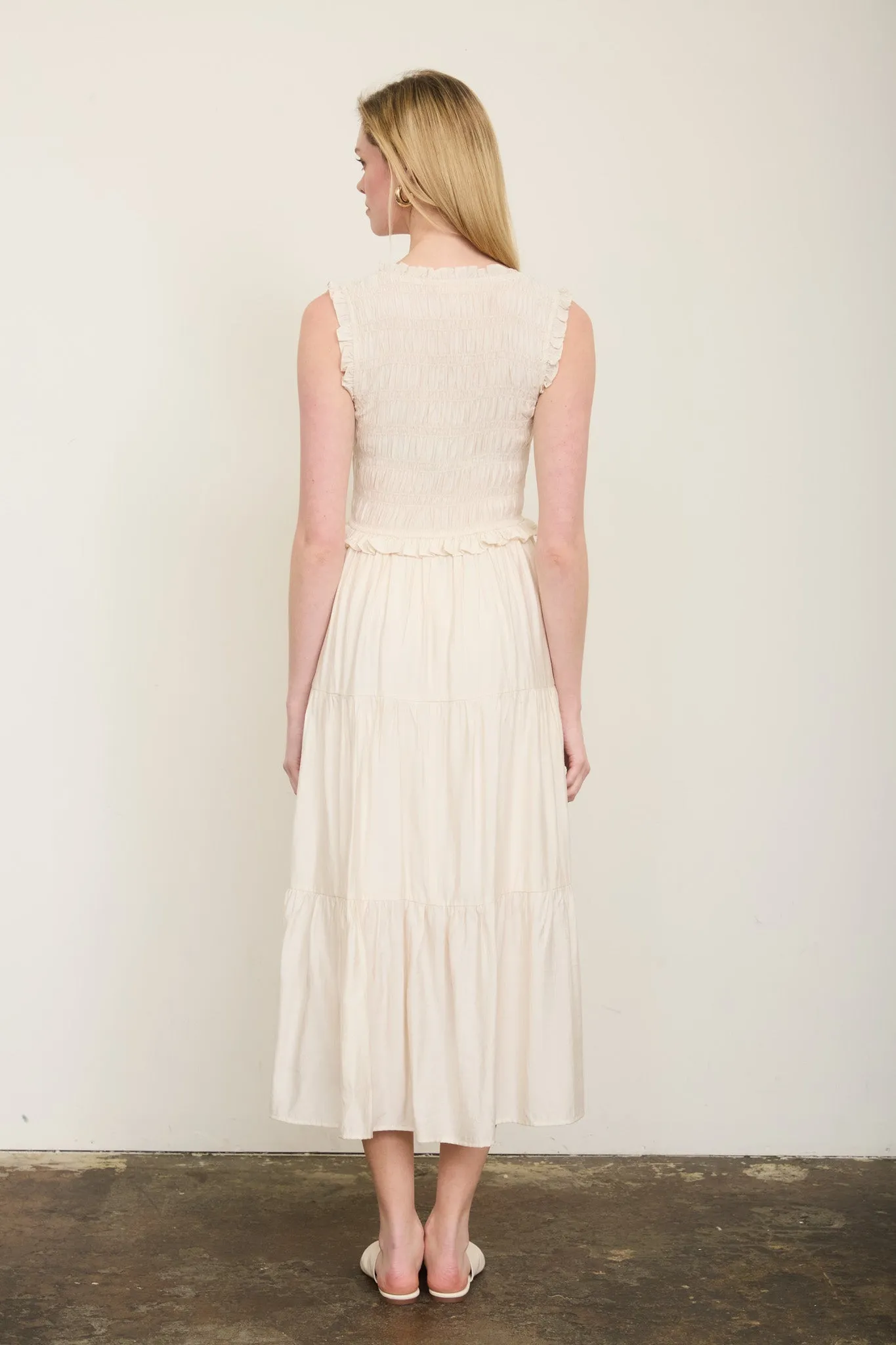 PLUS SMOCKED FRONT TIE RUFFLE DETAIL TIERED MIDI DRESS sold by Blu Pepper product image thumbnail 4