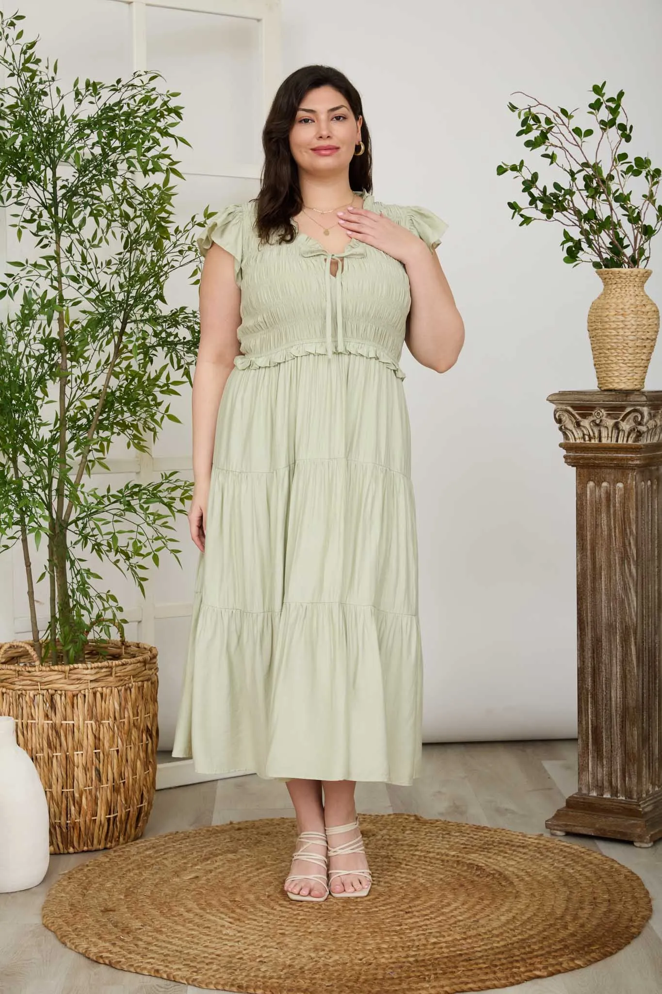 PLUS SMOCKED FRONT TIE RUFFLE DETAIL TIERED MIDI DRESS sold by Blu Pepper product image thumbnail 5