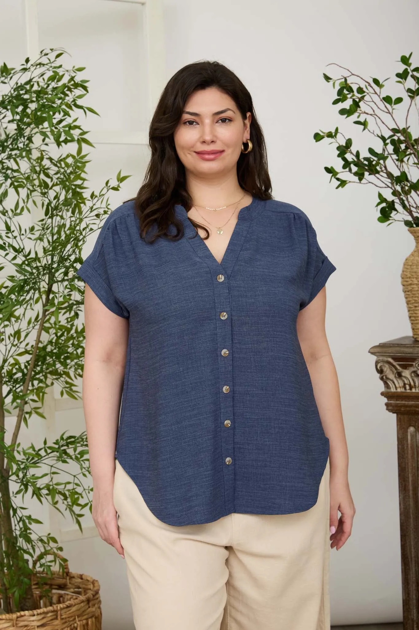 PLUS CUFFED SLEEVE BUTTON DOWN LIGHTWEIGHT TOP sold by Blu Pepper product image thumbnail 5
