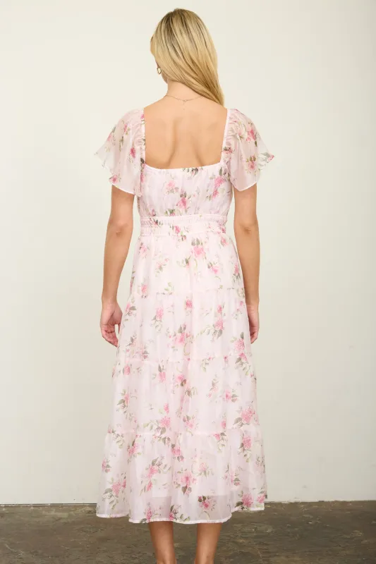 FLORAL CHIFFON FLOUNCE SLEEVE SHIRRED MIDI DRESS made by mine