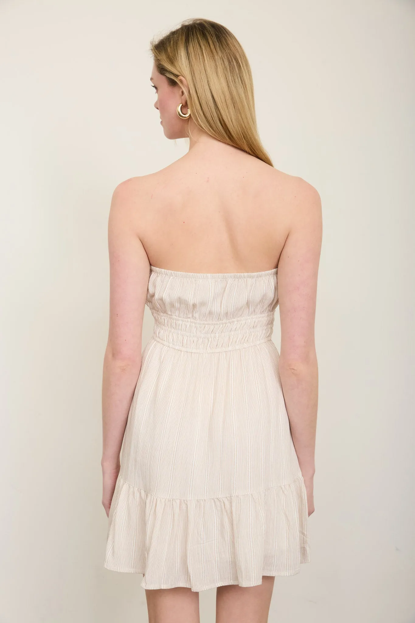 STRIPE STRAPLESS FRONT TIE DETAIL MINI DRESS (PRE-ORDER) sold by Blu Pepper