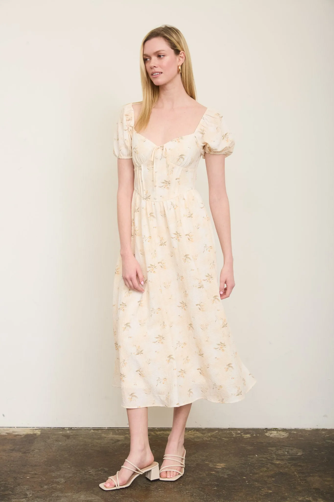 FLORAL SWEETHEART PUFF SLEEVE CORSET MIDI DRESS (PRE-ORDER) sold by Blu Pepper