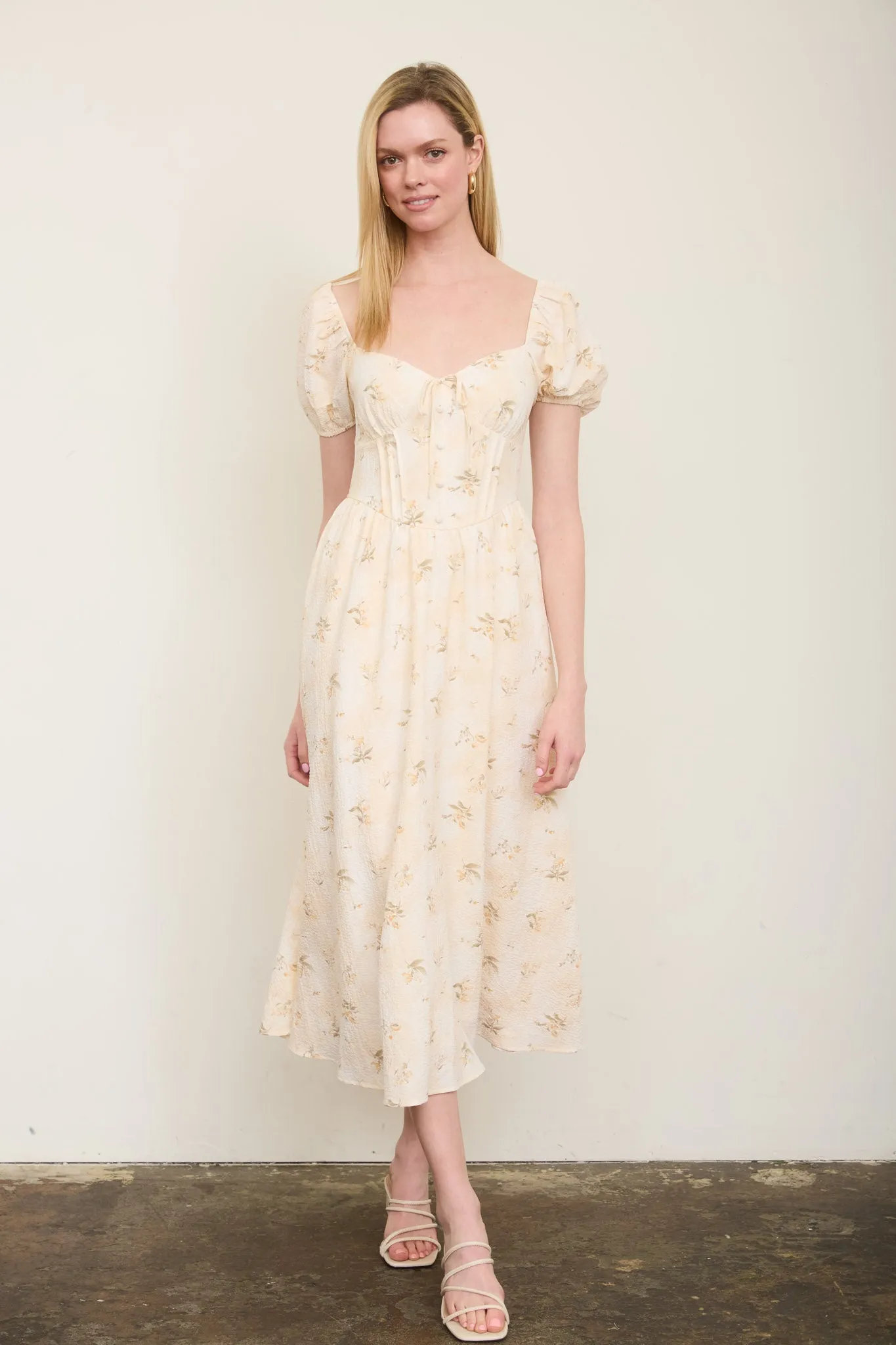 FLORAL SWEETHEART PUFF SLEEVE CORSET MIDI DRESS (PRE-ORDER) sold by Blu Pepper product image thumbnail 2