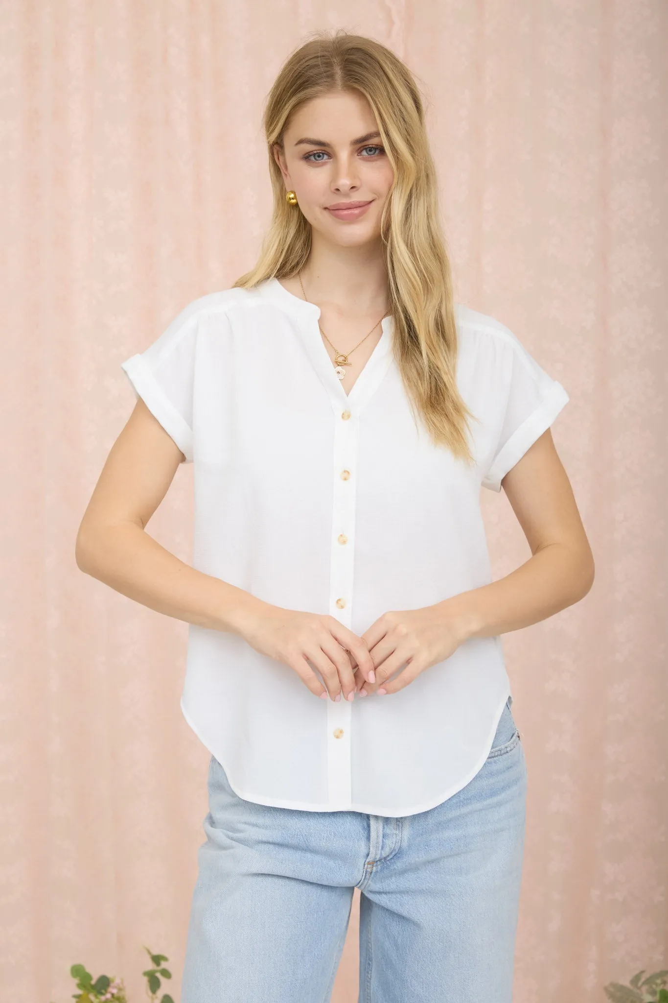 CUFFED SLEEVE BUTTON DOWN LIGHTWEIGHT TOP sold by Blu Pepper product image thumbnail 3