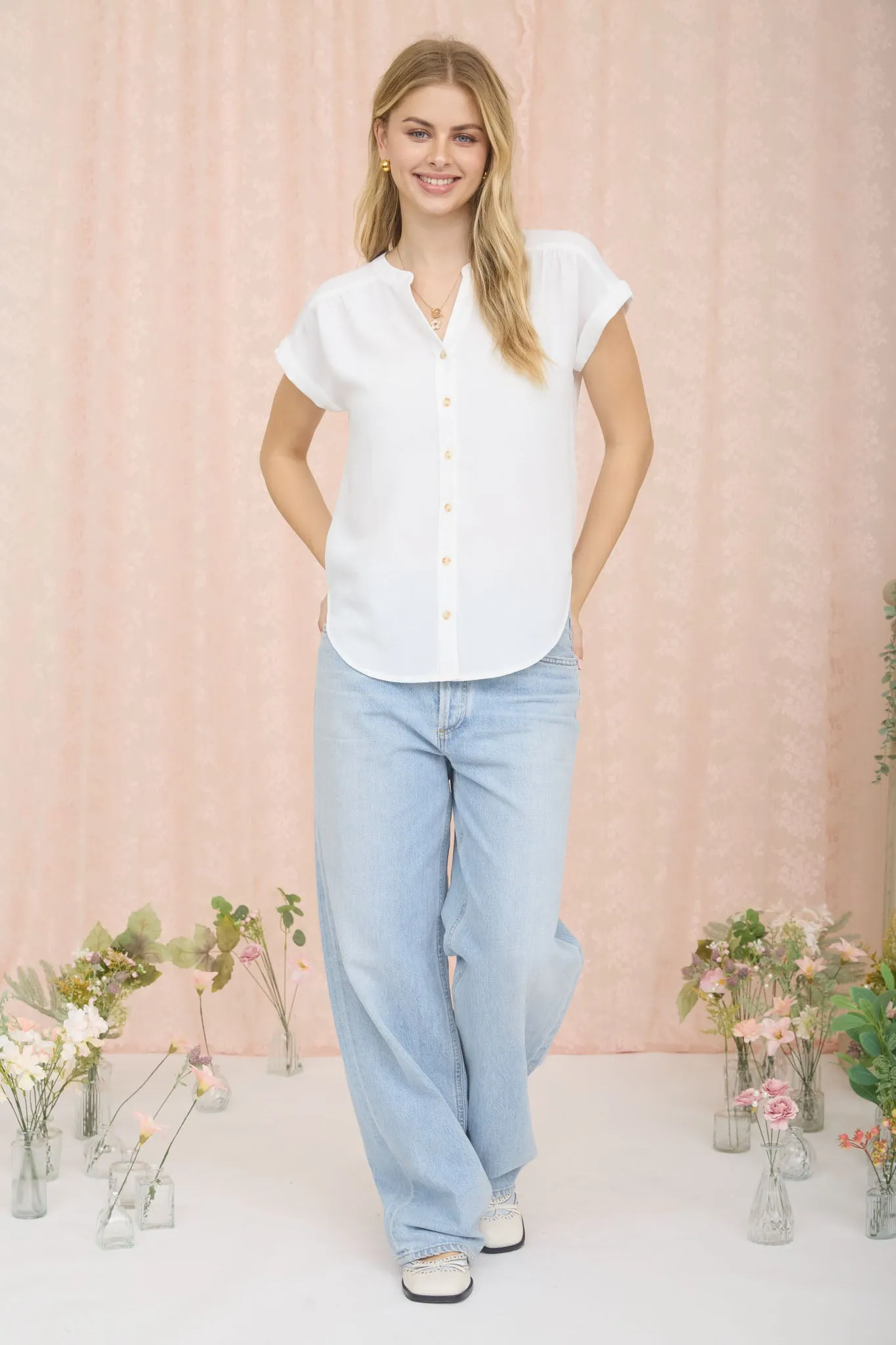 CUFFED SLEEVE BUTTON DOWN LIGHTWEIGHT TOP sold by Blu Pepper