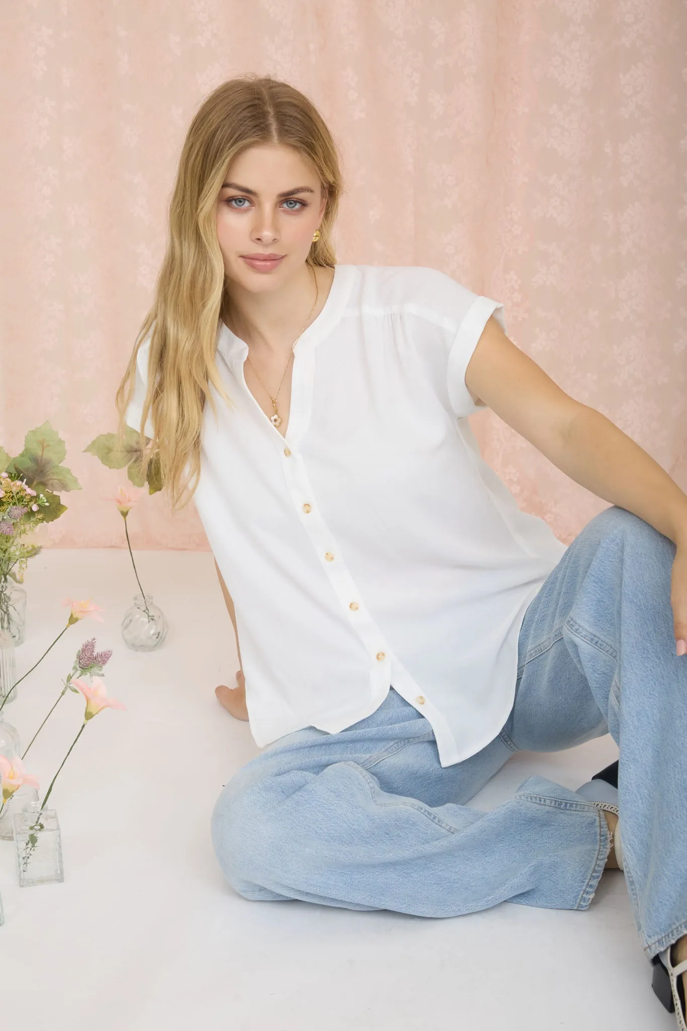 CUFFED SLEEVE BUTTON DOWN LIGHTWEIGHT TOP sold by Blu Pepper product image thumbnail 5