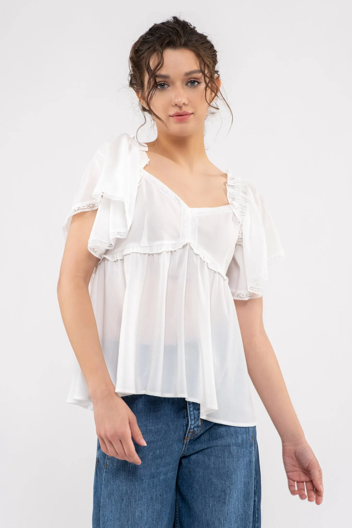 LACE TRIM SLEEVES WOVEN TOP sold by Blu Pepper product image thumbnail 3