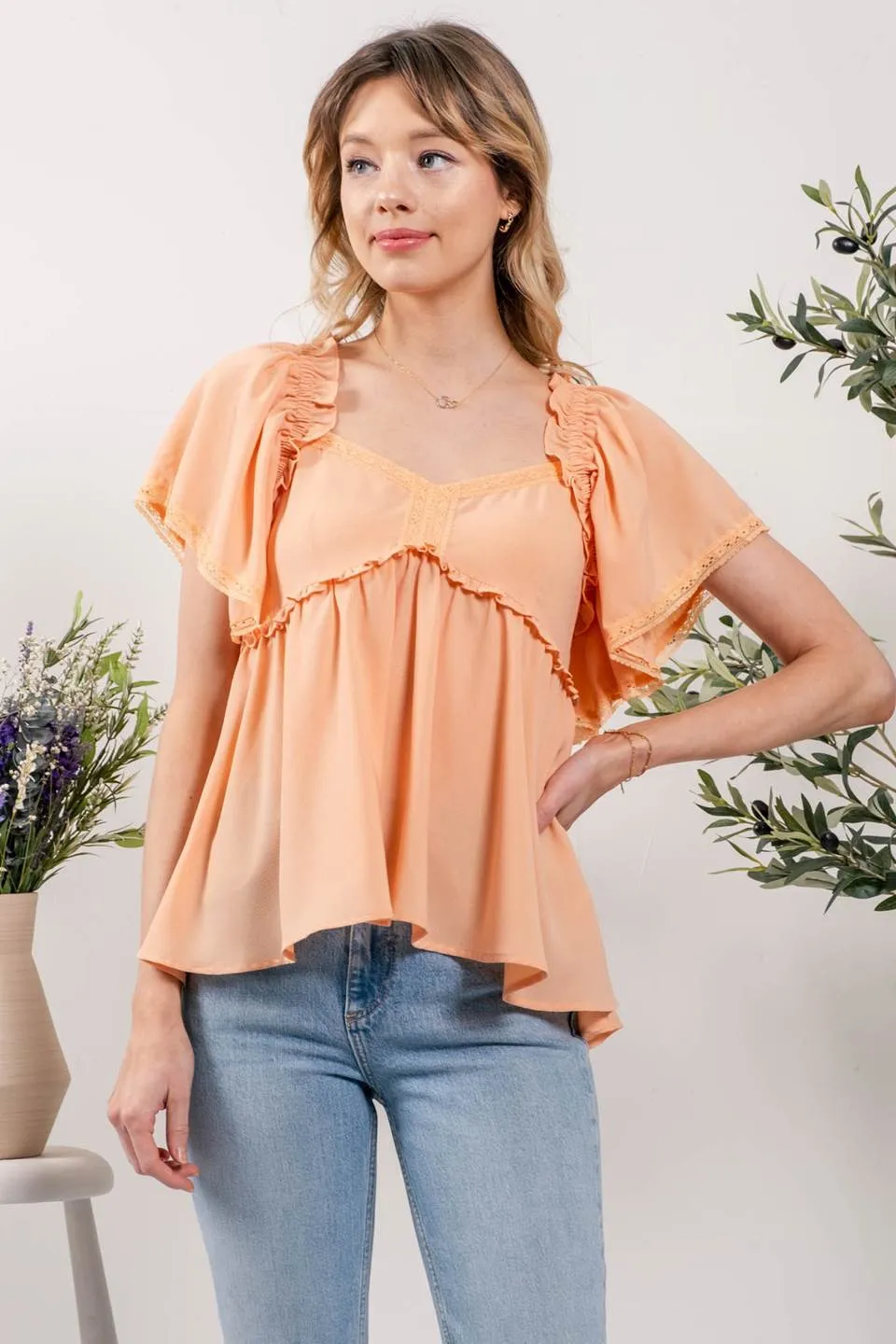 LACE TRIM SLEEVES WOVEN TOP sold by Blu Pepper product image thumbnail 5