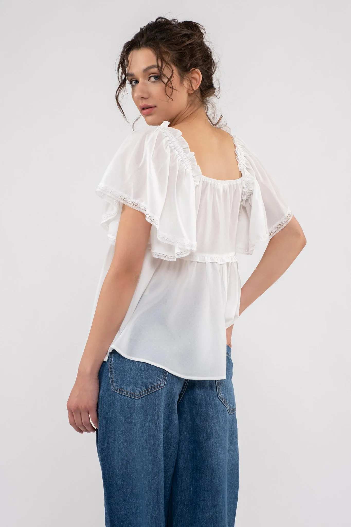 LACE TRIM SLEEVES WOVEN TOP sold by Blu Pepper product image thumbnail 2