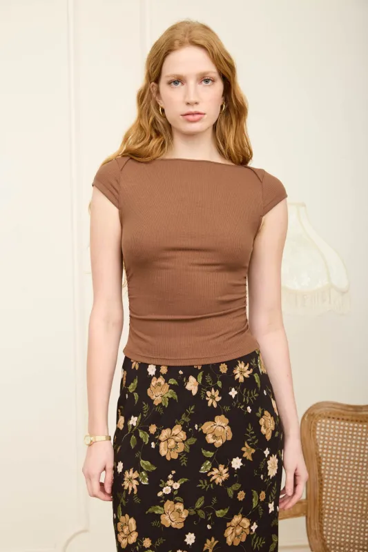 ENVELOPE NECK SHORT SLEEVE RIBBED KNIT TOP made by Blu Pepper