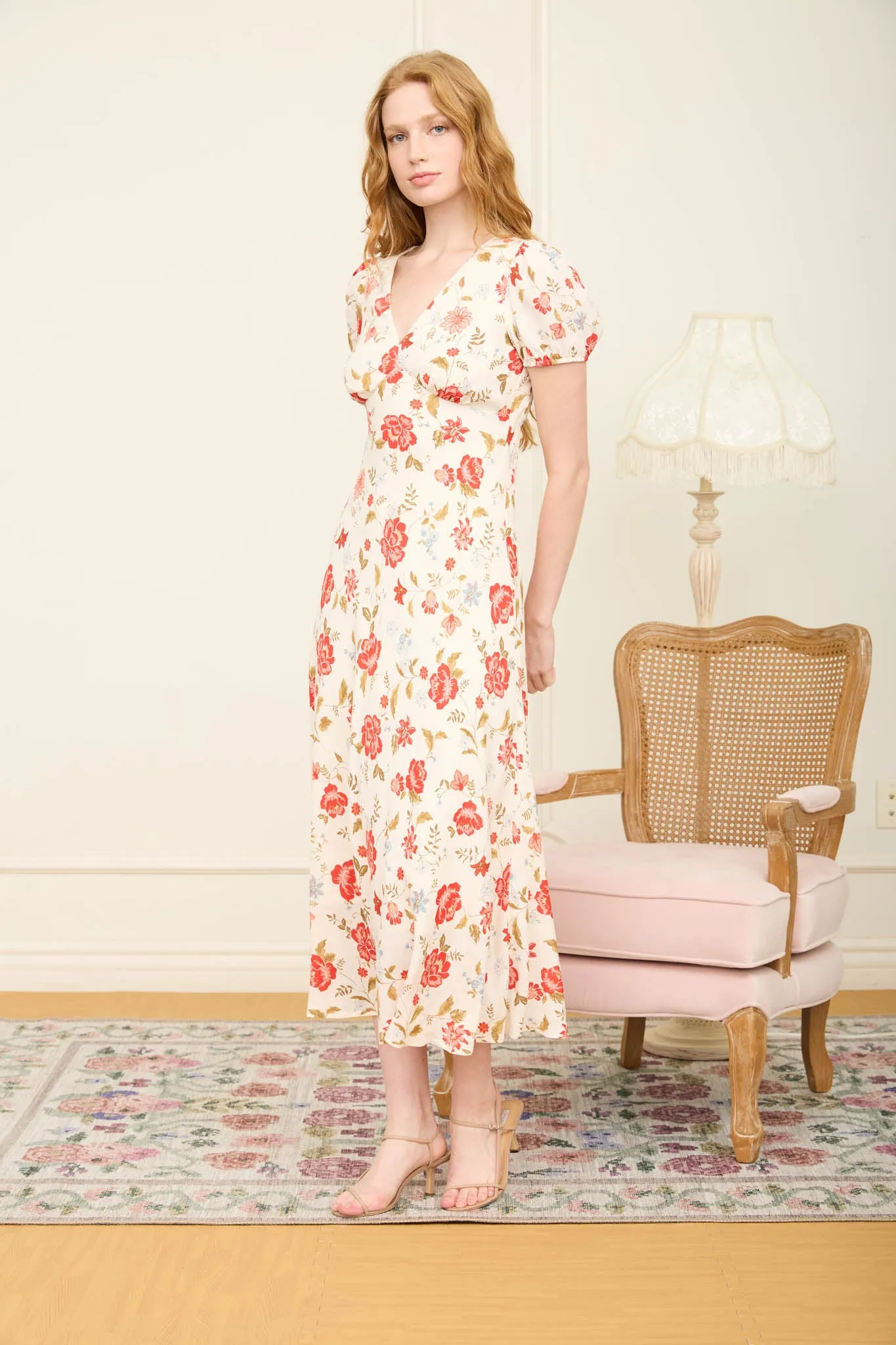 FLORAL V NECK PUFF SLEEVE SLIP-ON MIDI DRESS (PRE-ORDER) sold by Blu Pepper product image thumbnail 3