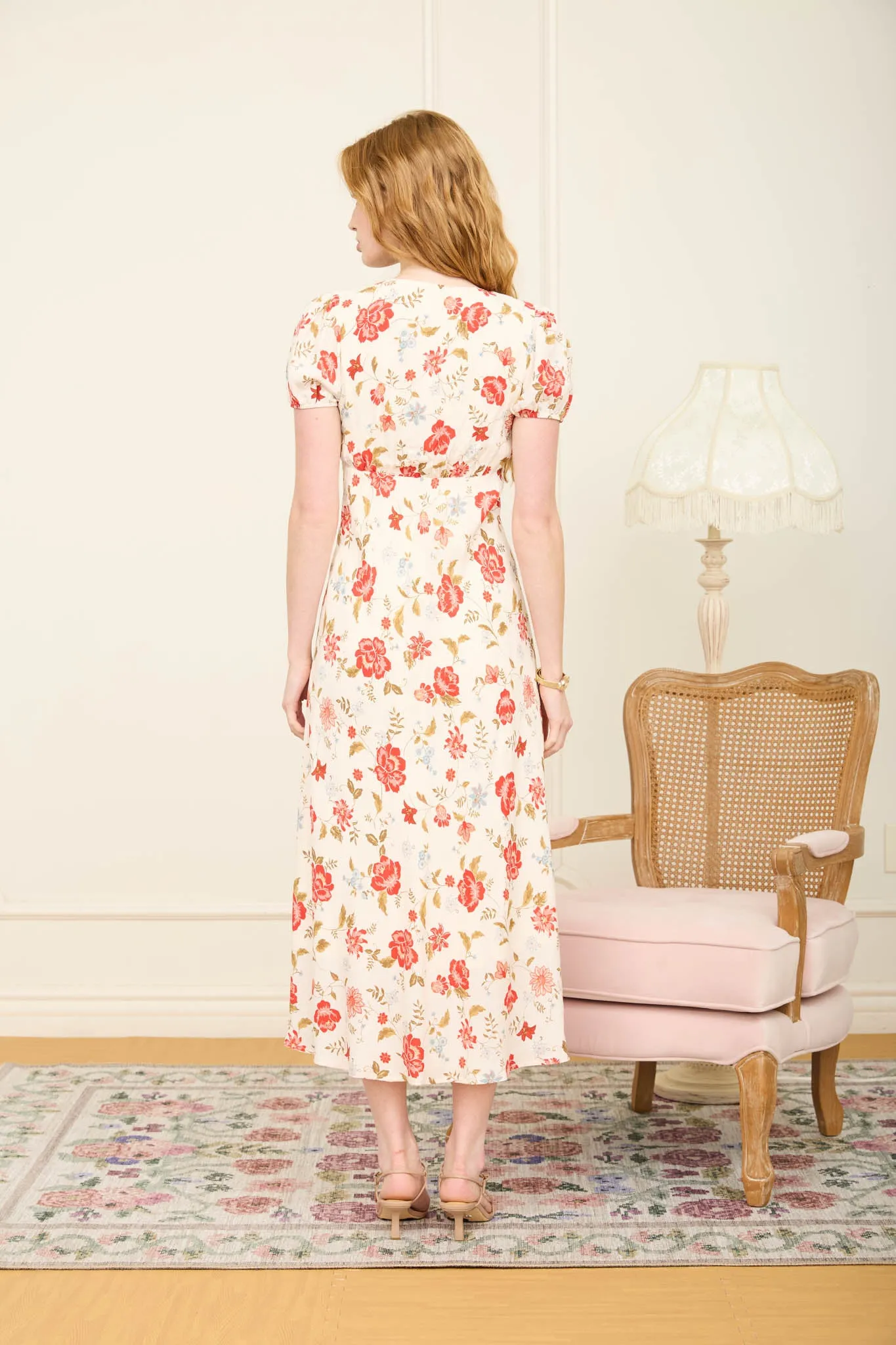 FLORAL V NECK PUFF SLEEVE SLIP-ON MIDI DRESS (PRE-ORDER) sold by Blu Pepper product image thumbnail 2