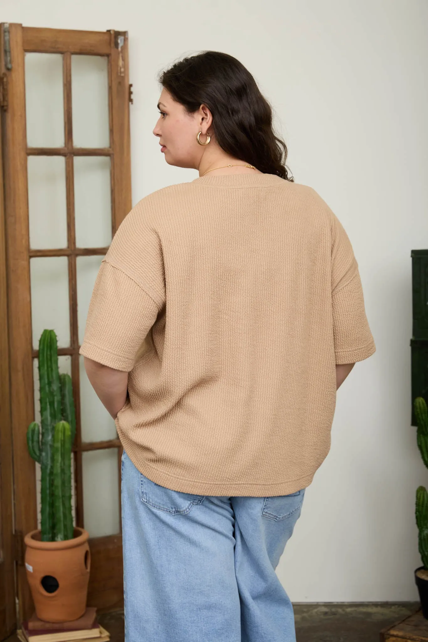 PLUS RIBBED SPLIT NECK SHORT SLEEVE BOXY KNIT TOP sold by Blu Pepper product image thumbnail 2