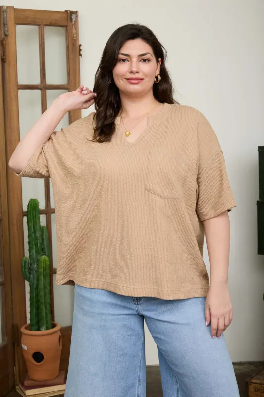 PLUS RIBBED SPLIT NECK SHORT SLEEVE BOXY KNIT TOP made by J.O.A.