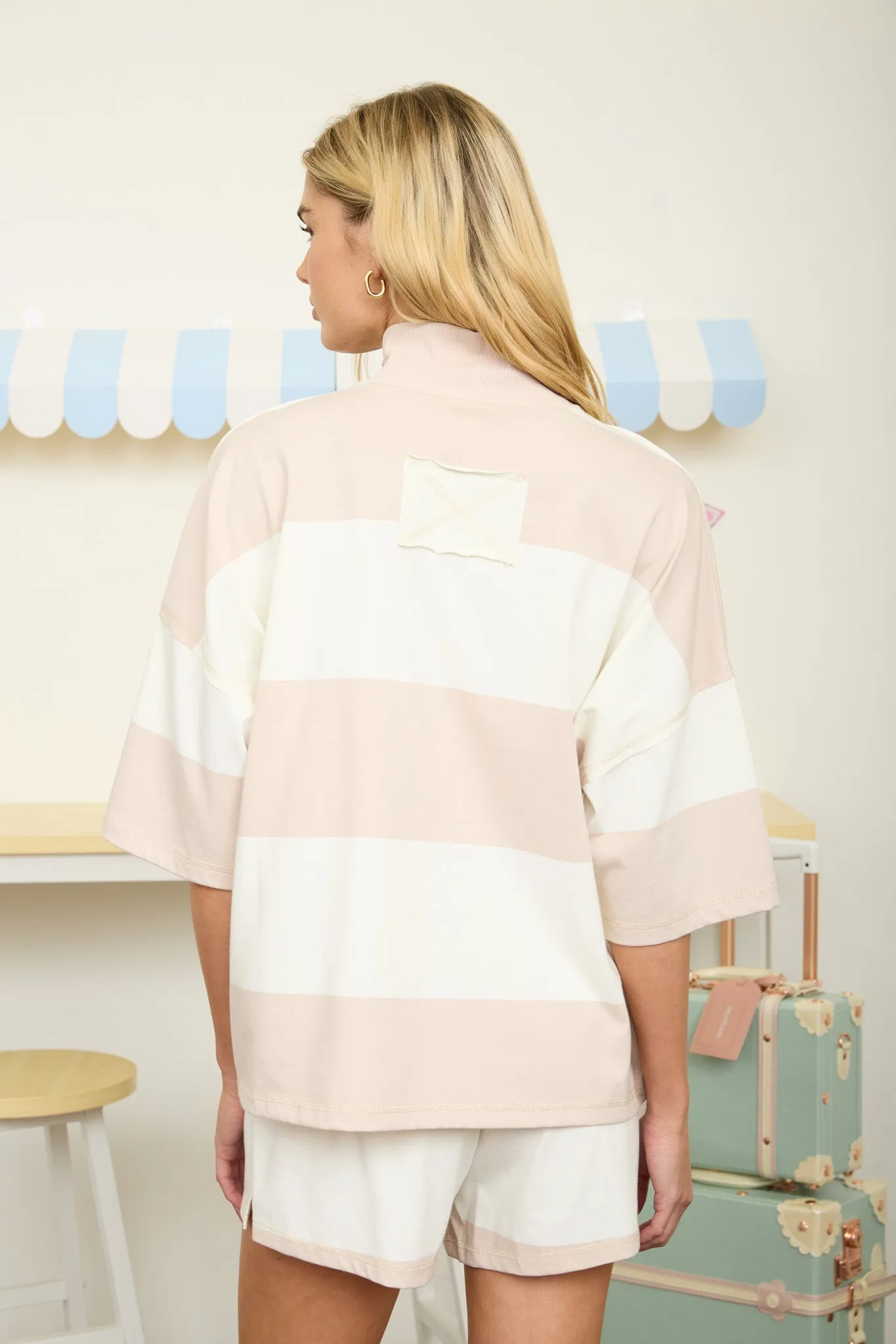 WIDE STRIPE HALF ZIP SHORT SLEEVE KNIT TOP (PRE-ORDER) sold by Blu Pepper product image thumbnail 2