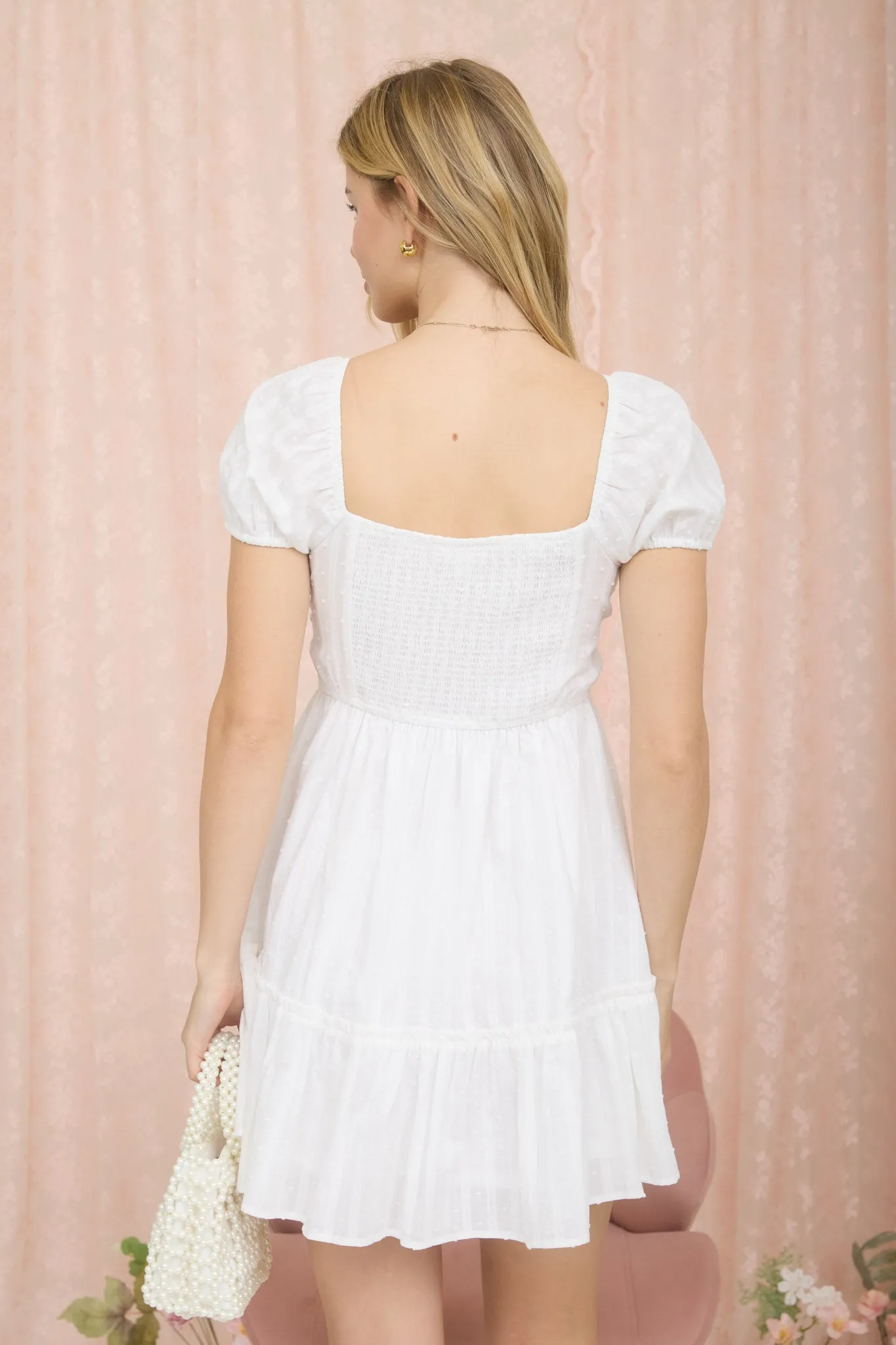 STRIPE CLIP DOT FRONT TIE PUFF SLEEVE MINI DRESS (PRE-ORDER) sold by Blu Pepper product image thumbnail 2