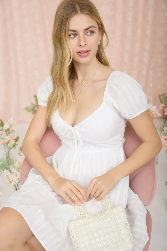 STRIPE CLIP DOT FRONT TIE PUFF SLEEVE MINI DRESS (PRE-ORDER) made by mine