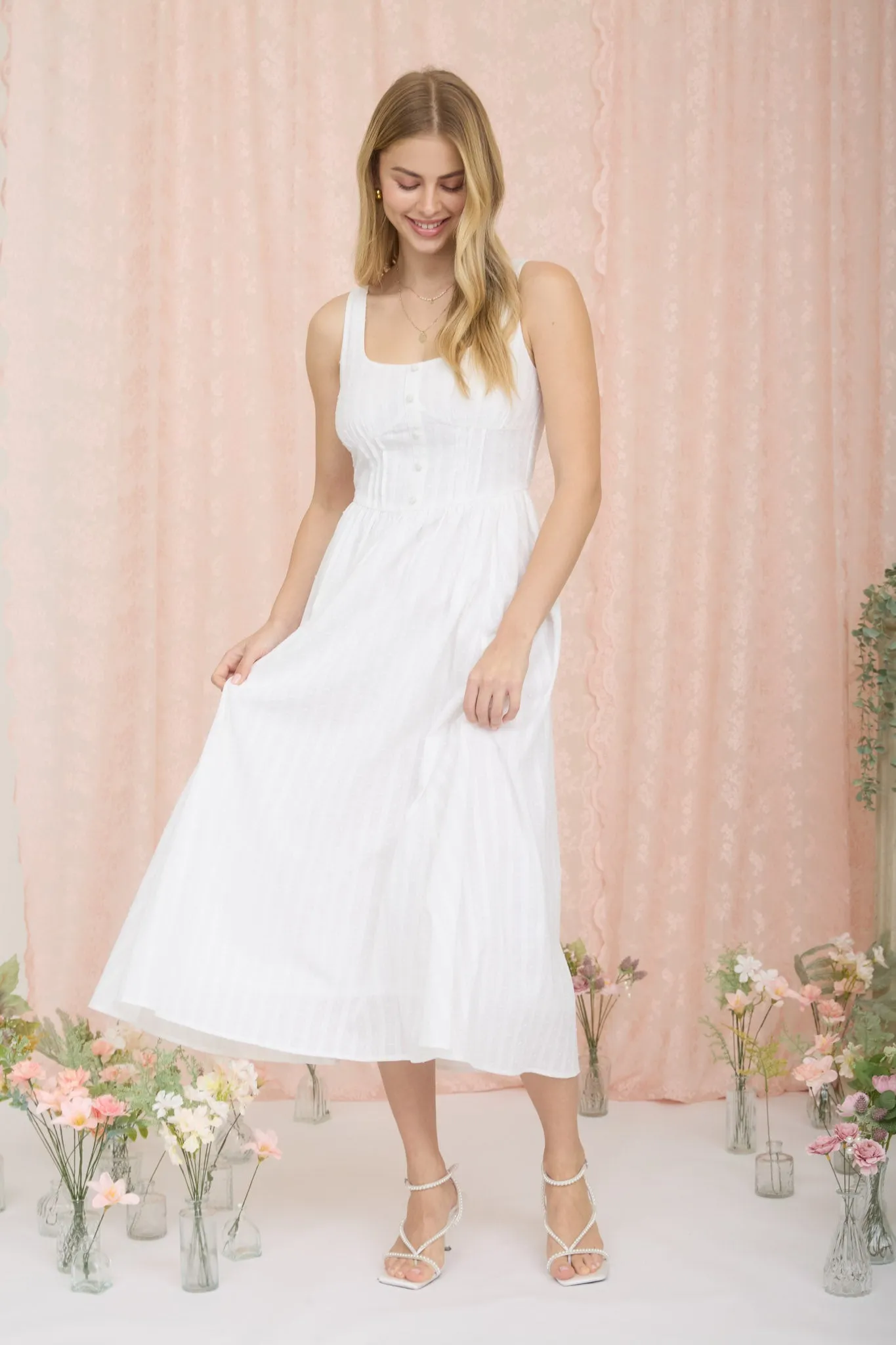 STRIPE CLIP DOT BUTTON DETAIL MIDI DRESS sold by Blu Pepper