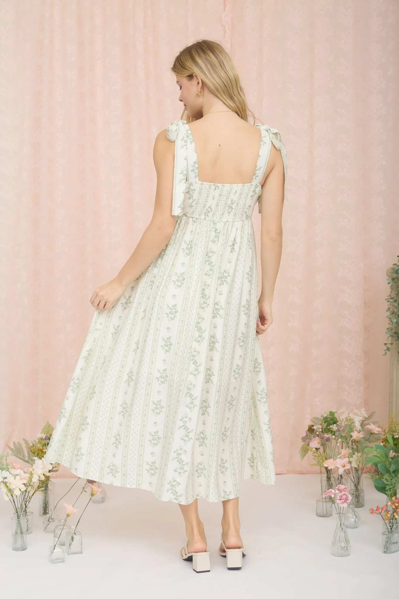 STRIPE FLORAL PATTERN TIE STRAP EMPIRE MIDI DRESS sold by Blu Pepper product image thumbnail 2
