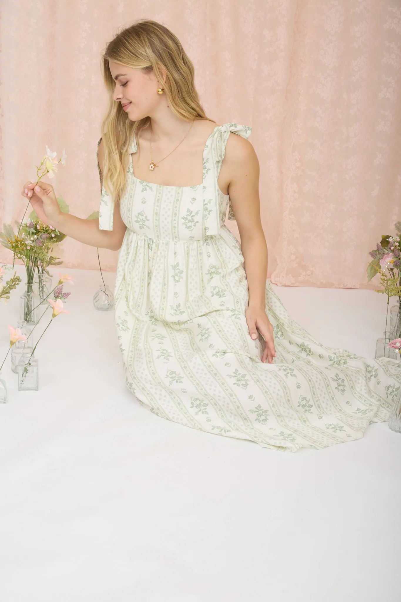 STRIPE FLORAL PATTERN TIE STRAP EMPIRE MIDI DRESS sold by Blu Pepper product image thumbnail 4