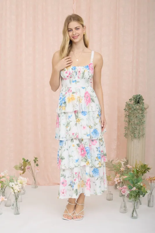 FLORAL SLEEVELESS RUFFLE TIERED SKIRT MIDI DRESS made by mine