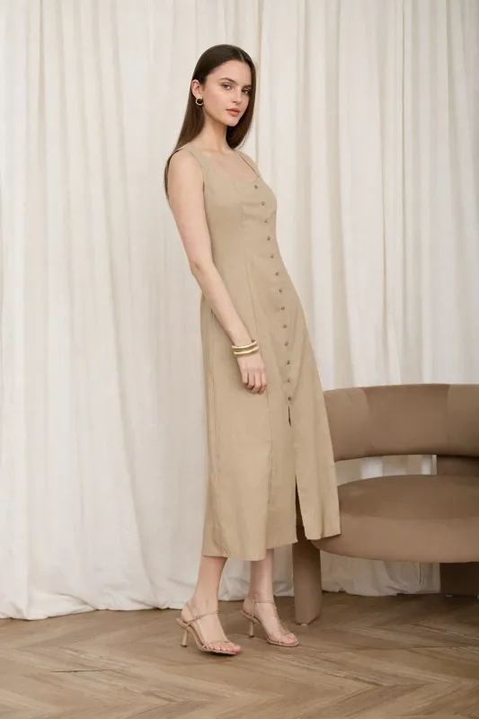 BUTTON DOWN SLEEVELESS SPLIT HEM LINEN MIDI DRESS made by Blu Pepper