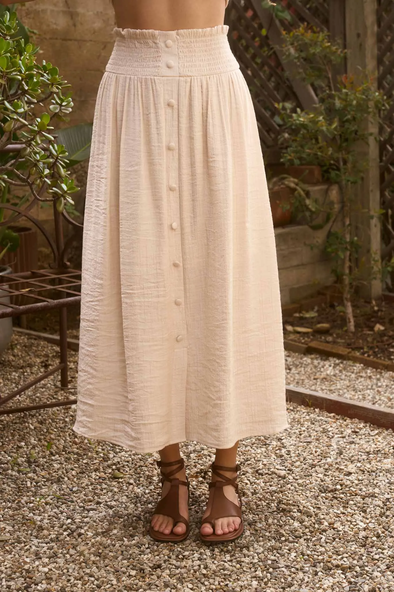 SMOCKED WAIST RUFFLE DETAIL BUTTON DOWN MIDI SKIRT sold by Blu Pepper product image thumbnail 2