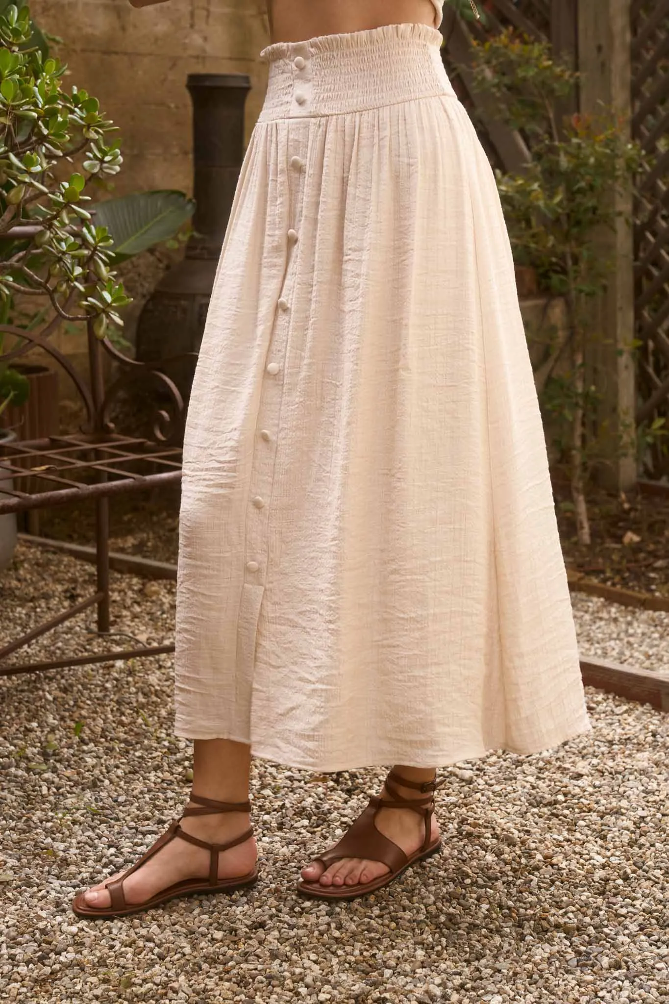 SMOCKED WAIST RUFFLE DETAIL BUTTON DOWN MIDI SKIRT sold by Blu Pepper product image thumbnail 3