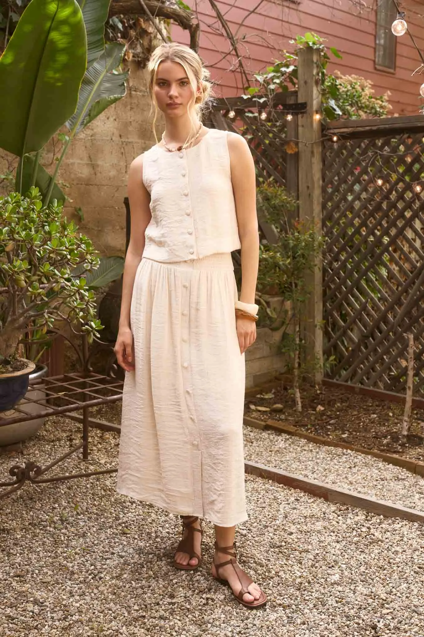 SMOCKED WAIST RUFFLE DETAIL BUTTON DOWN MIDI SKIRT sold by Blu Pepper