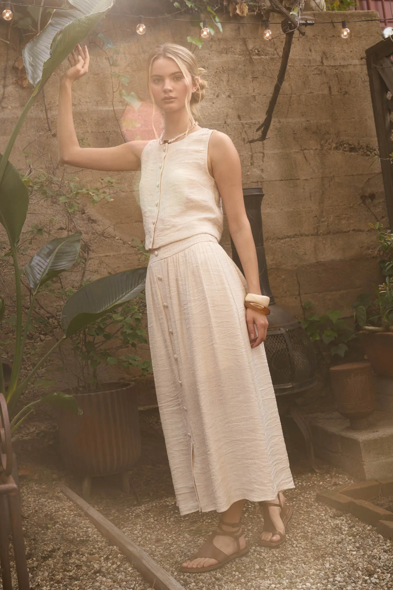 SMOCKED WAIST RUFFLE DETAIL BUTTON DOWN MIDI SKIRT sold by Blu Pepper product image thumbnail 5