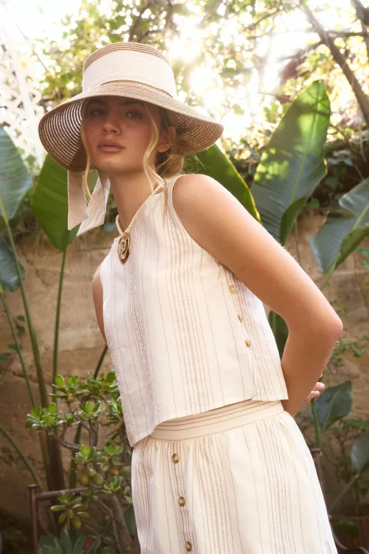 STRIPE SLEEVELESS SIDE BUTTON DETAIL TOP made by Blu Pepper