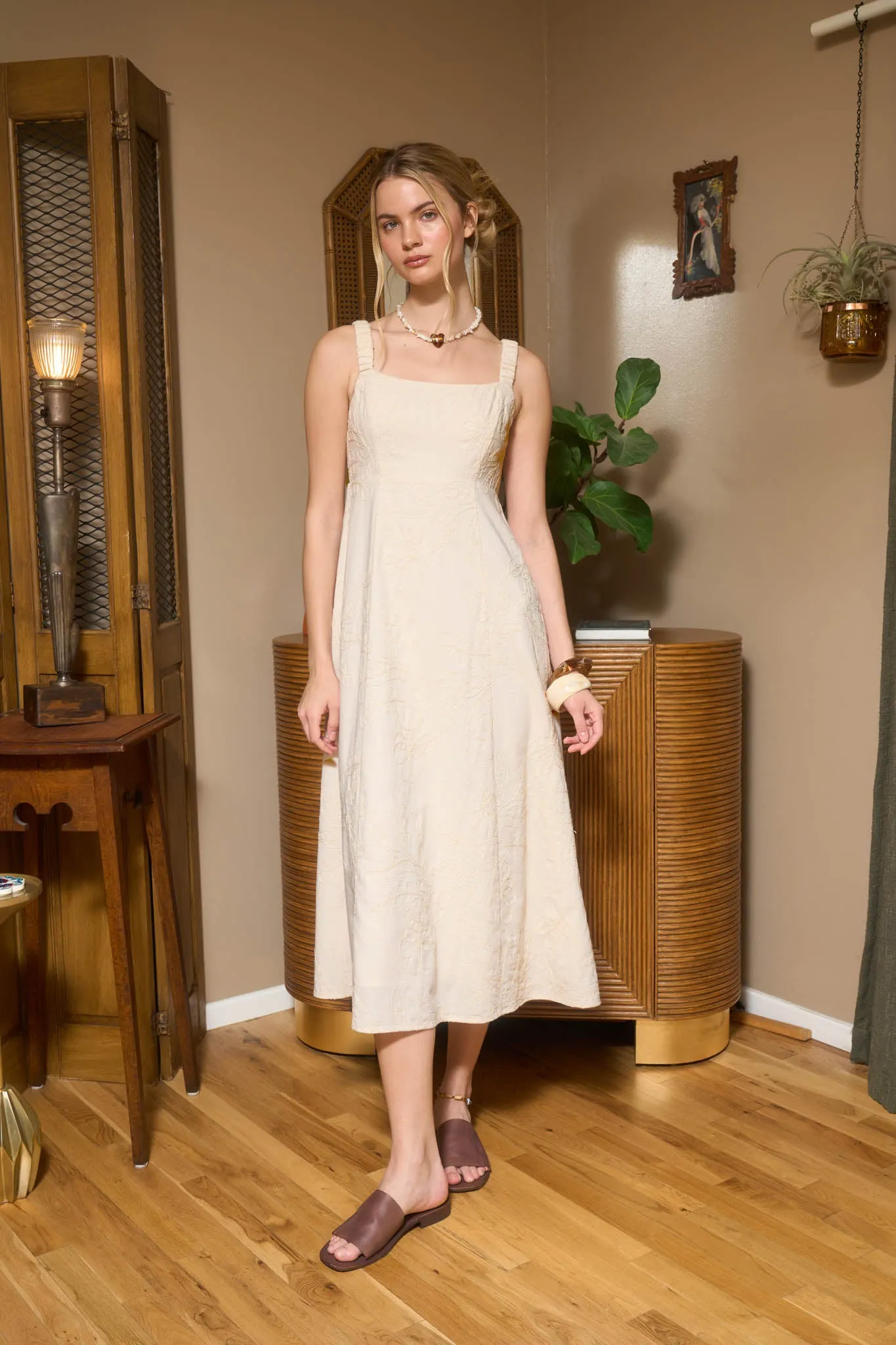 TEXTURED FLORAL EMBROIDERY RUCHED STRAP MIDI DRESS sold by Blu Pepper product image thumbnail 3