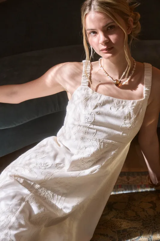 TEXTURED FLORAL EMBROIDERY RUCHED STRAP MIDI DRESS made by Blu Pepper