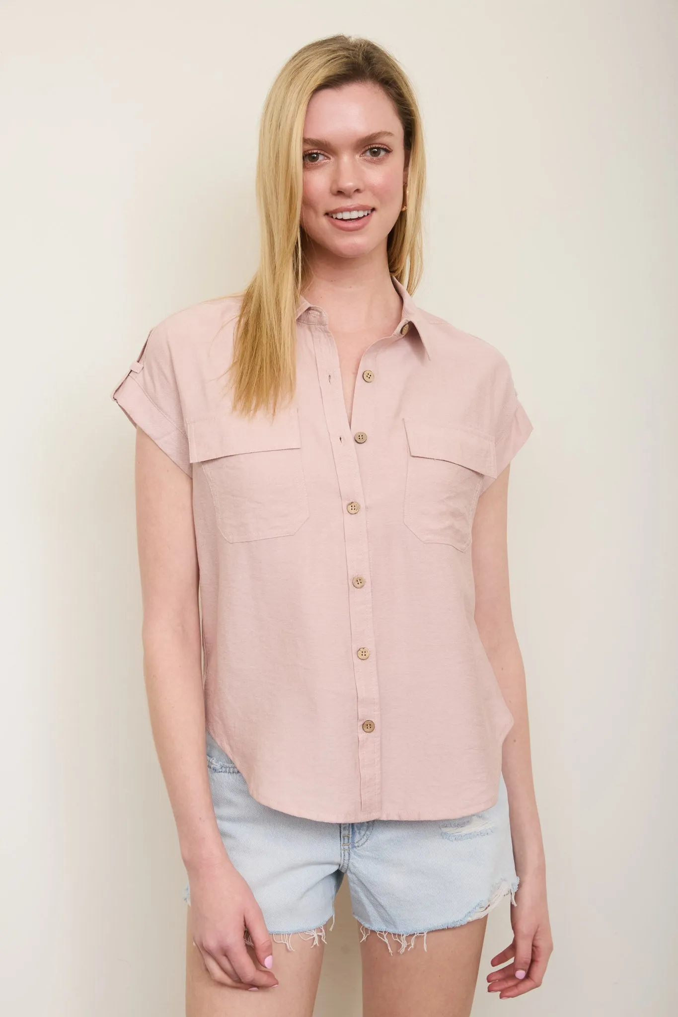 COLLARED BUTTON DOWN TAB SLEEVE SHIRT sold by Blu Pepper
