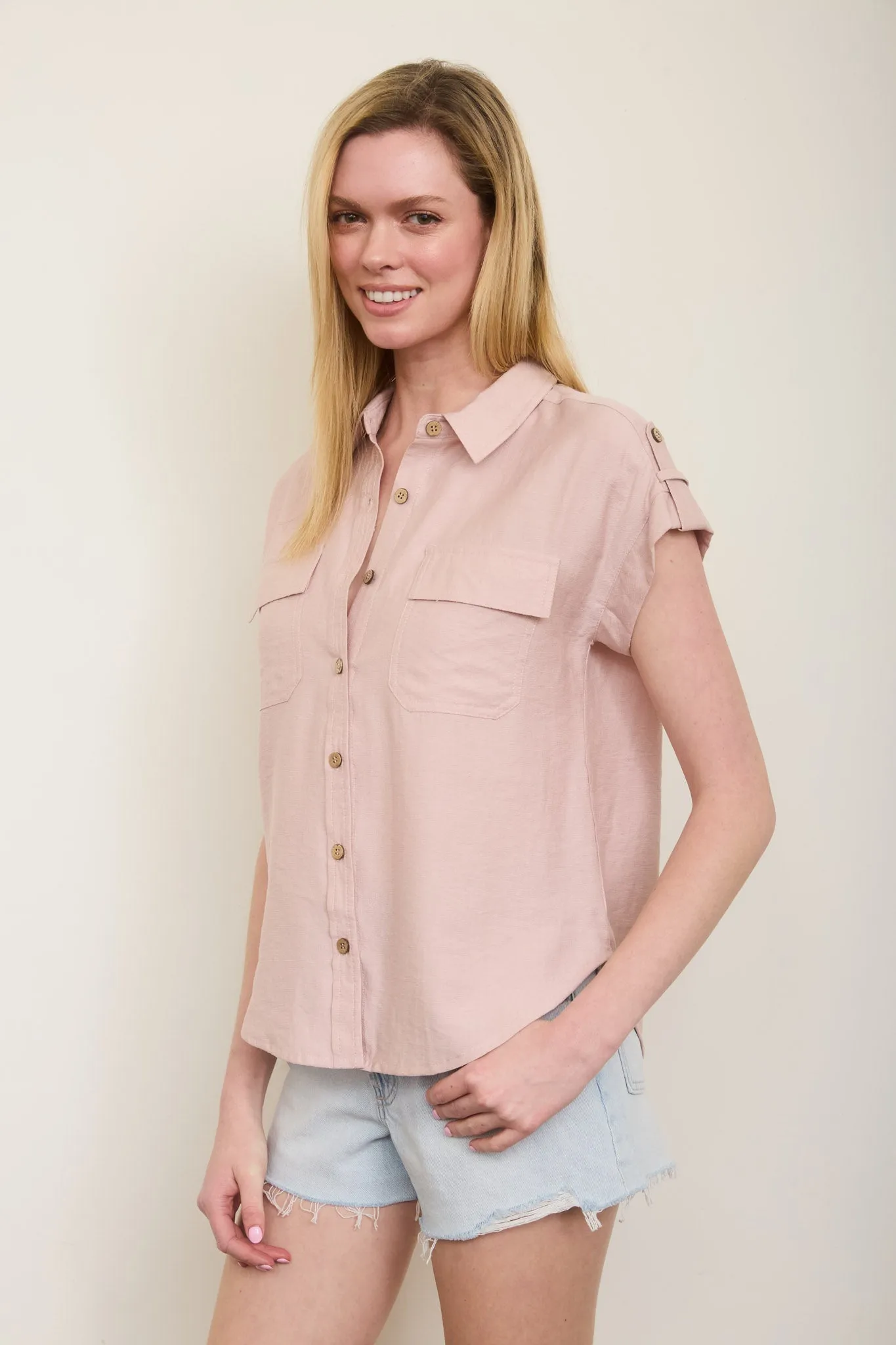 COLLARED BUTTON DOWN TAB SLEEVE SHIRT sold by Blu Pepper product image thumbnail 5