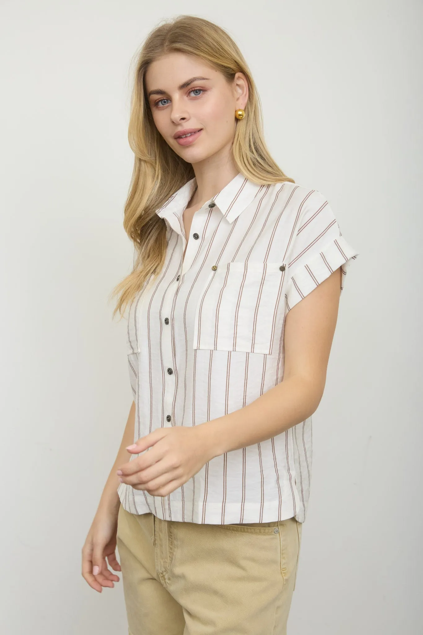 STIRPE COLLARED SNAP BUTTON DOWN SHORT SLEEVE TOP sold by Blu Pepper product image thumbnail 4