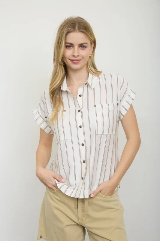 STIRPE COLLARED SNAP BUTTON DOWN SHORT SLEEVE TOP made by mine