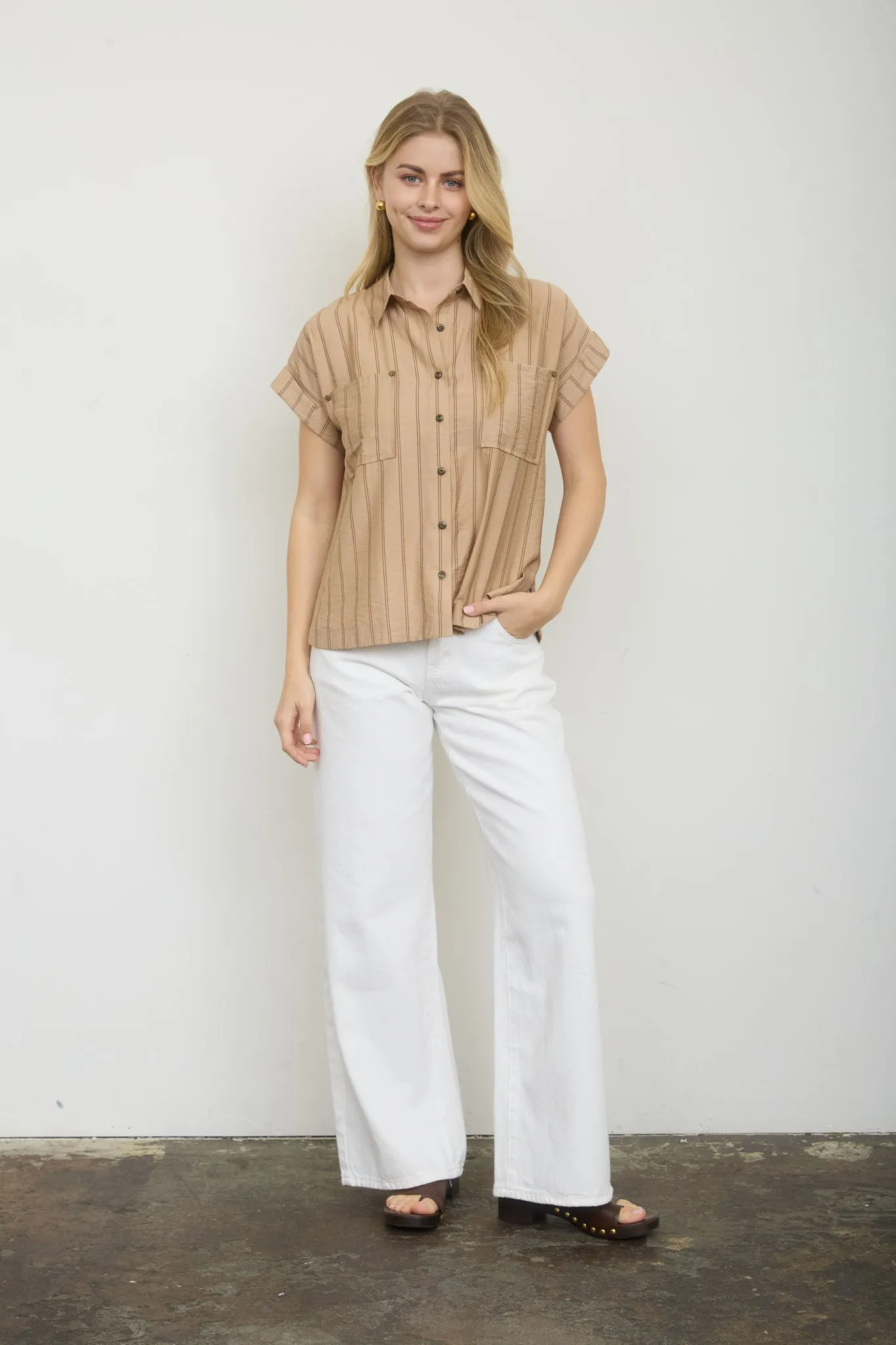 STIRPE COLLARED SNAP BUTTON DOWN SHORT SLEEVE TOP sold by Blu Pepper product image thumbnail 5
