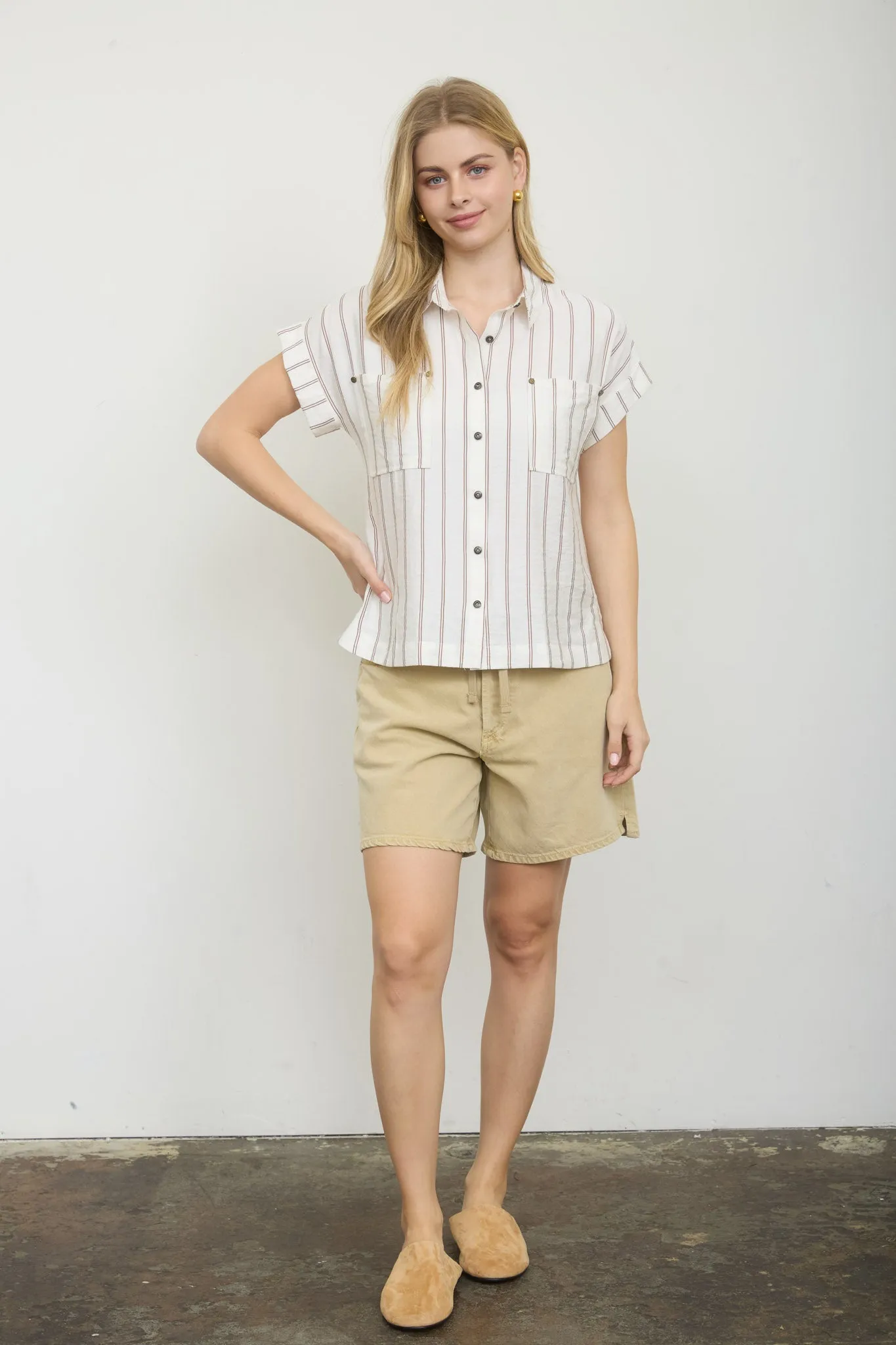 STIRPE COLLARED SNAP BUTTON DOWN SHORT SLEEVE TOP sold by Blu Pepper product image thumbnail 2