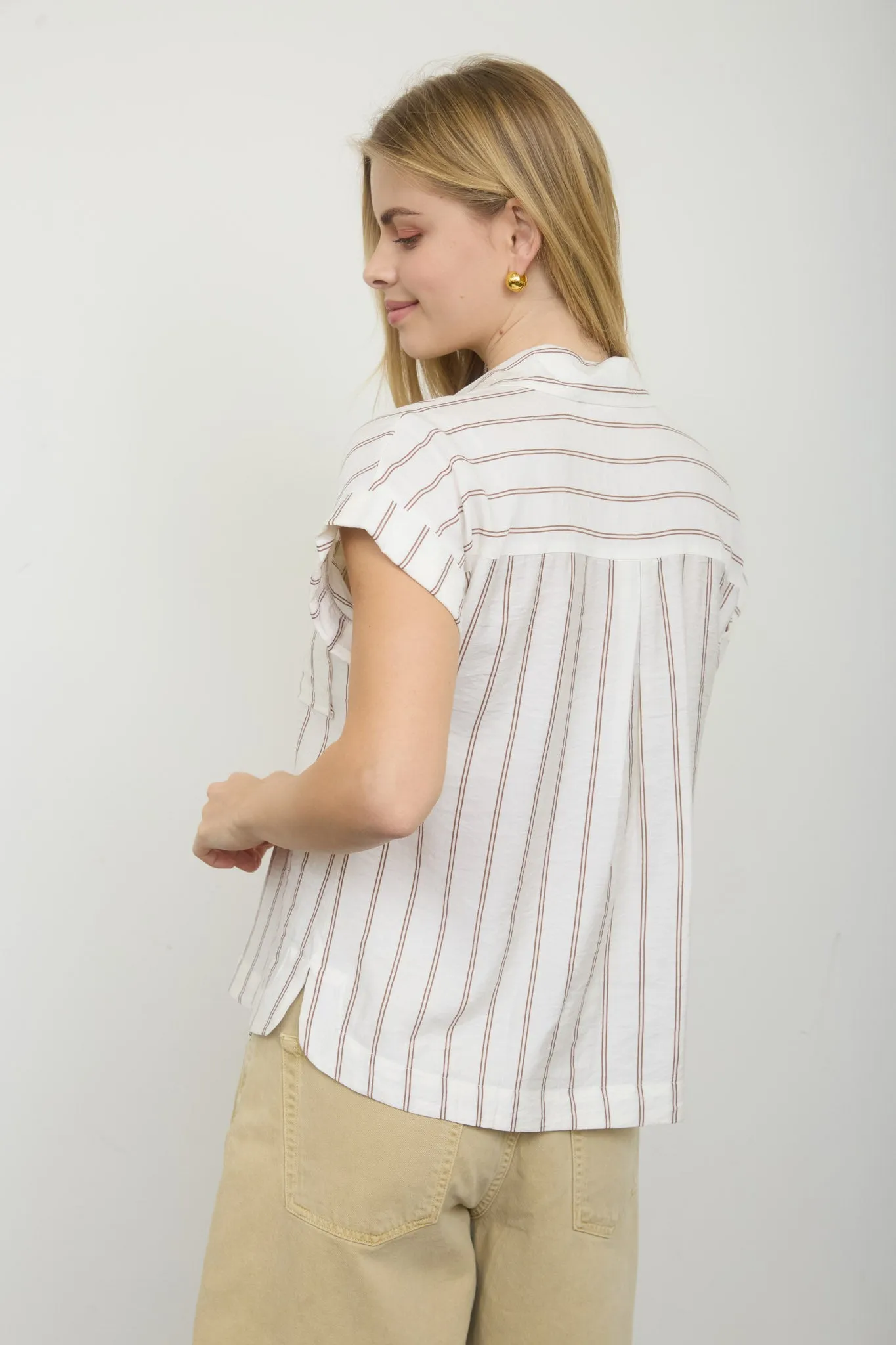 STIRPE COLLARED SNAP BUTTON DOWN SHORT SLEEVE TOP sold by Blu Pepper product image thumbnail 3