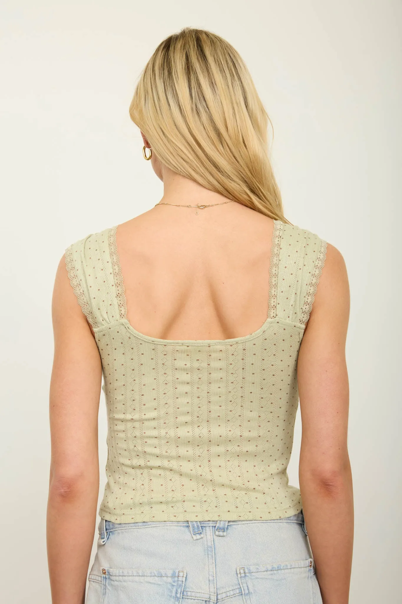 POLKA DOT POINTELLE LACE TRIM FRONT TIE KNIT TOP sold by Blu Pepper product image thumbnail 2