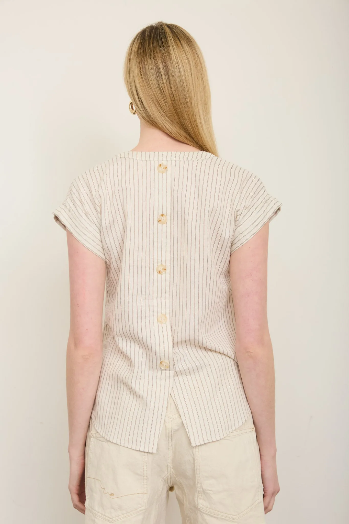 SPLIT NECK STRIPE SHORT CUFFED SLEEVE TOP sold by Blu Pepper product image thumbnail 2