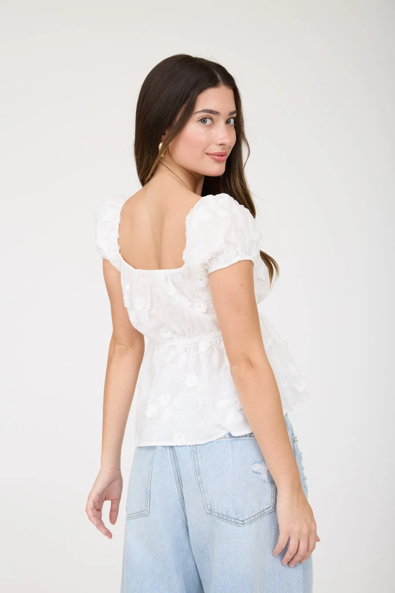 EMBROIDERED 3D FLORAL PATTERN PUFF SLEEVE TOP sold by Blu Pepper product image thumbnail 2