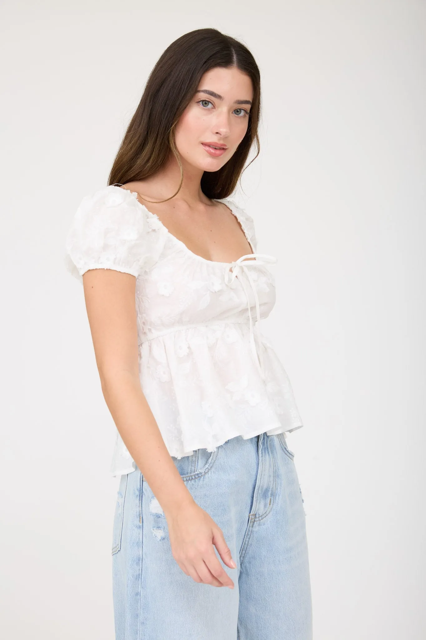 EMBROIDERED 3D FLORAL PATTERN PUFF SLEEVE TOP sold by Blu Pepper product image thumbnail 3